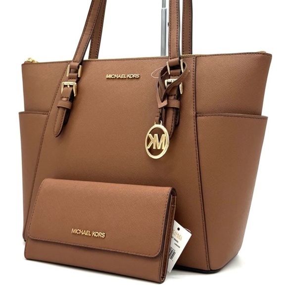 Michael Kors Large Charlotte TZ Tote Bag & Matching Trifold Wallet Luggage Brown - Picture 1 of 14